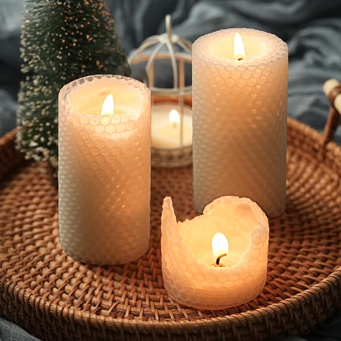 6 Packs White Beeswax Candles, Hand-Rolled Beeswax Pillar Candles, Smokeless & Unscented,Ivory Handmade Honeycomb Candle for Home Gift Ideas, Candle Lovers, Home Decor, 2" x 4"