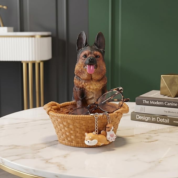 Cute German Shepherd Candy Bowl, Resin Dog Figurine Key Bowl for Entryway Table, Desktop Storage Basket Organizer for Desk, Unique Dog Lover Gift