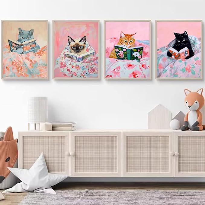 Cute Cat Reading Poster Set of 6 Funny Black Cat Book Lover Canvas Wall Art, Whimsical Animal Wall Decor Painting Prints Aesthetic for Nursery Kids Boby Room Bedroom Unframed 12x16 inch