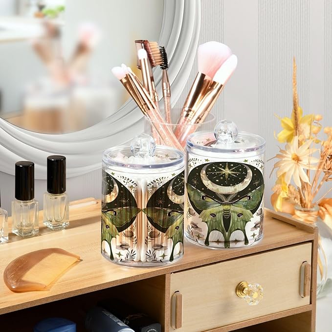 4 Pack Qtip Holder Dispenser Luna Moth Moon Cotton Ball Swab Round Pads Floss Clear Bathroom Storage Containers Plastic Apothecary Jars with Lids