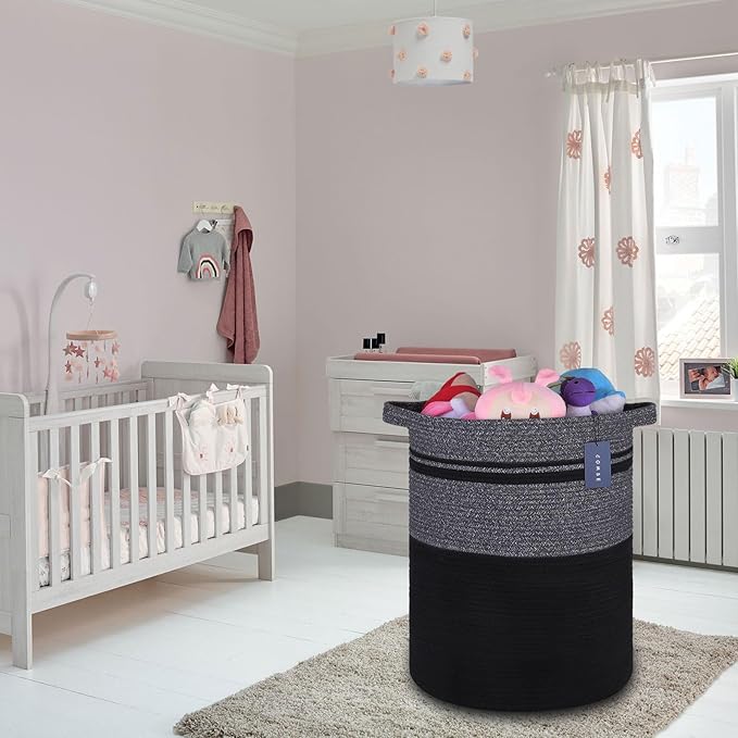 COMSE Extra Large Blanket Basket, Tall Laundry Basket, Nursery Hamper, 15.7”x 21.7”, Cotton Rope Woven Laundry Hamper for Storage Toys Clothes Towels, Black