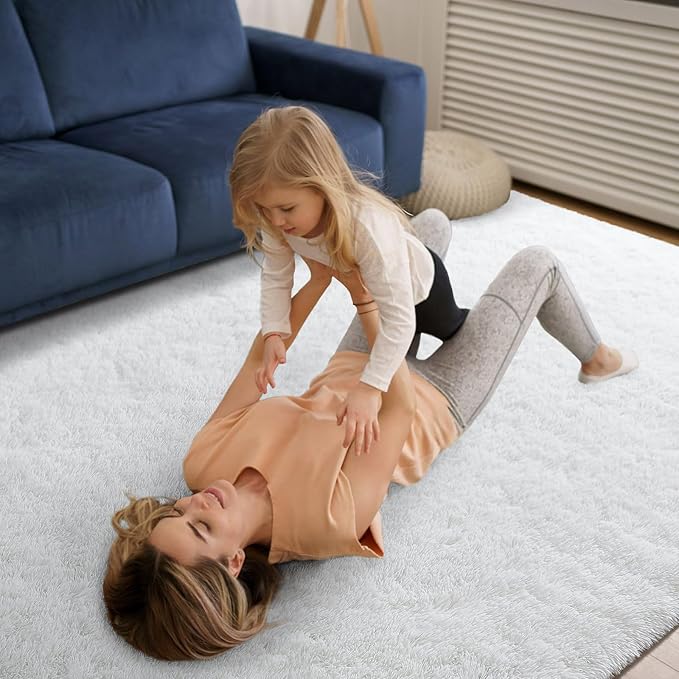 Soft Area Rugs for Bedroom Living Room Plush Fluffy Rug 7x10 Feet, Shag Furry Area Rug Carpet Non Shedding for Nursery Children Kids Girls Room Home Decorative, Ivory