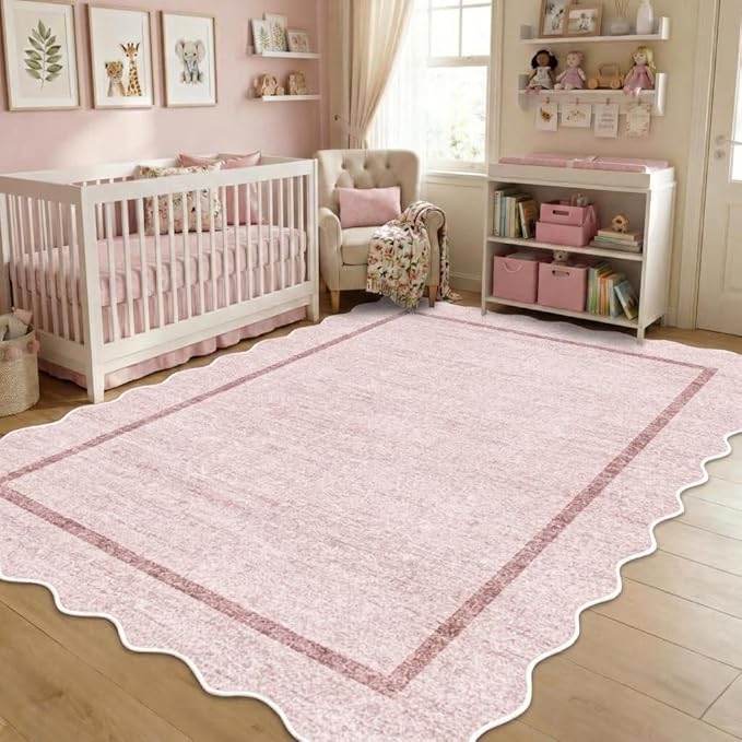 GarveeHome Scalloped Living Room Rug 5x7 Area Rug Washable Area Rug for Bedroom Modern Kids Rug Non Slip Throw Rugs Soft Low Pile Stain Resistant Carpet for Dorm Dining Room 5'x7' Pink