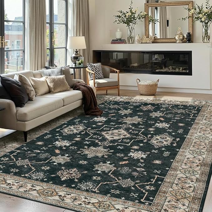 Rugxara 6x9 Area Rugs for Living Room Bedroom, Large Washable Rug, Black Vintage Floral Boho Rug, Non Slip & Low Pile Faux Wool Thin Carpet for Indoor Dining Room, Dorm and Kids Room(Black 6x9ft)