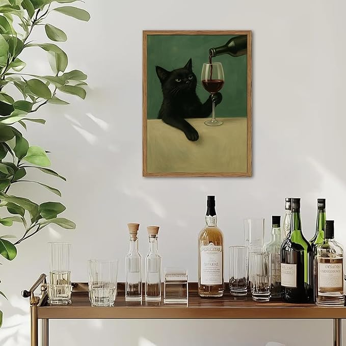 Funny Black Cat Wall Art Moody Black Cat with Wine Glass Wall Decor Whimsical Animal Bar Cart Poster Canvas Prints for Living Room Bedroom 12x16 inch Wood Framed