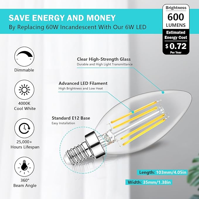 12-Pack Dimmable E12 LED Candelabra Bulbs 60W Equivalent, 4000K Cool White, 600 Lumens B11 Candle Base 6W C35 LED Filament Vintage Light Bulbs, Clear Glass for Chandelier Ceiling Fan High CRI 90+