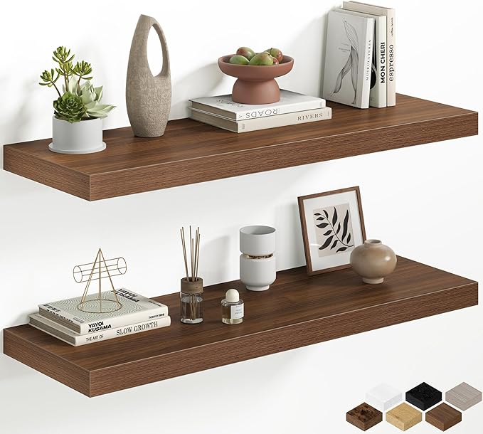 36 Inch Floating Shelves for Wall, 12 Inch Deep Shelves for Bedroom, Kitchen, Bathroom Wall Mounted, Rustic Wood Floating Shelf with Invisible Brackets for Books, Storage, Decor, Walnut, 2 Pack