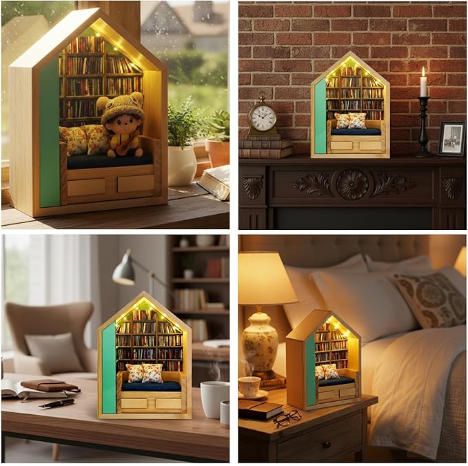 Anxiety Bookshelf with 300Pcs Mini Books & Light, Mini Bookshelf for Stress Relief, DIY Miniature Library Book Shelf, Tiny Bookstore Desk Organizer Decor for Home Office, Gifts for Family & Friend