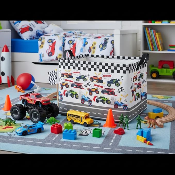 HIYAGON Rectangular Kids Basket Baby Girl Basket Fabric Storage Bin Organizer Box Room Decor(Racing Car)