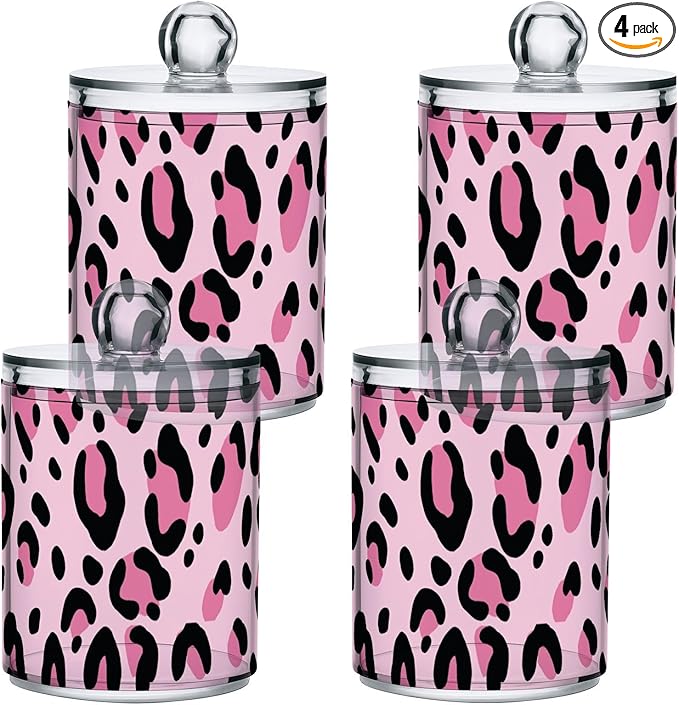 4 Pack Qtip Holder Dispenser Pink Leopard Print Cheetah Cotton Ball Swab Round Pads Floss Clear Bathroom Storage Containers Plastic Apothecary Jars with Lids
