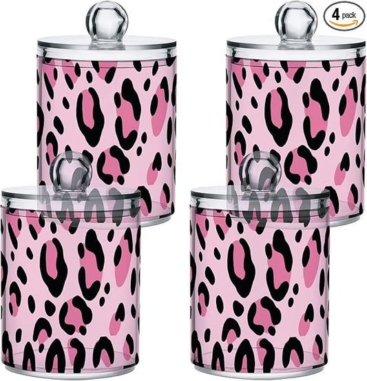 4 Pack Qtip Holder Dispenser Pink Leopard Print Cheetah Cotton Ball Swab Round Pads Floss Clear Bathroom Storage Containers Plastic Apothecary Jars with Lids