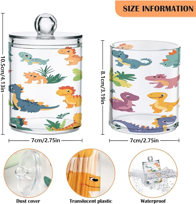 Nander 2Pack Cartoon Dinosaur Qtip Holder Dispenser -Clear Plastic Apothecary Jars Set - Restroom Bathroom Makeup Organizers Containers for Cotton Swab, Ball, Pads, Floss
