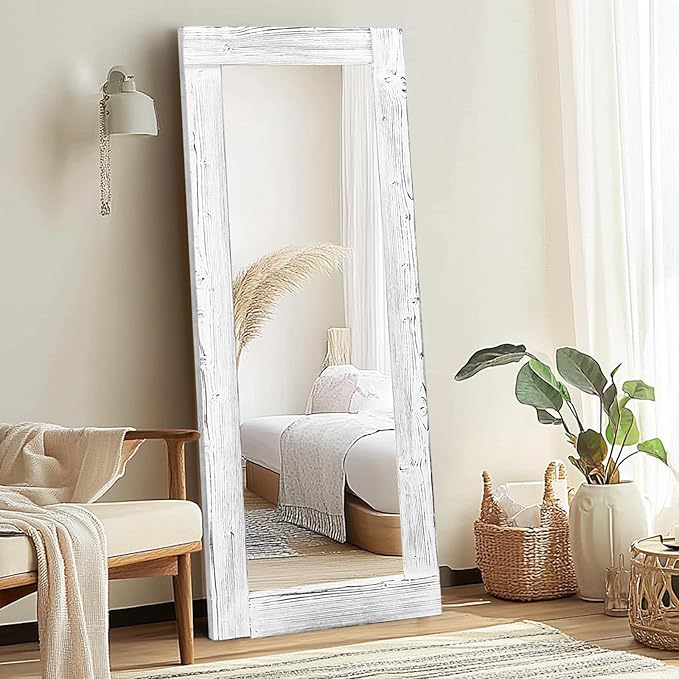 Full Length Mirror 58"x24" – Solid Wood Frame, HD Tempered Glass, Wall Mounted & Leaning, Rustic Modern Decor for Bedroom, Living Room, Entryway, White