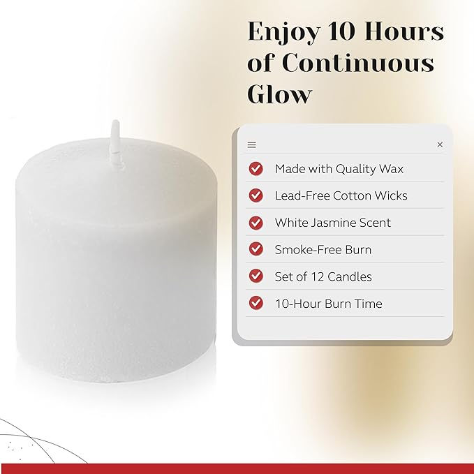 White Jasmine Scented Votive Candles, Set of 12-1.25" Wax Candles for Home, Scented 10 Hour Burn Time - Aromatherapy, Spa Ambiance, Table Centerpieces & Home Décor