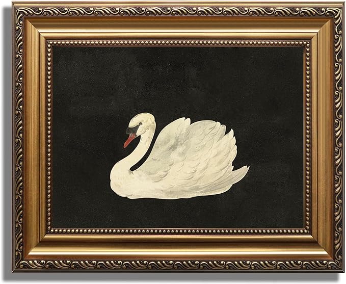 KBKBART Vintage Framed Wall Art for Living Room, White Swan Vintage Painting Canvas Wall Art Prints for Bathroom Wall Decor, Classical Gold Framed Animal Vintage Wall Decor Aesthetic for Bedroom, 12’’x16’’