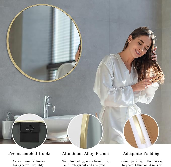 Sweetcrispy 28in Gold Round Bathroom Mirrors for Wall, Bathroom Mirrors for Over Sink, Wall Decor for Bathroom, Entryway, Bedroom, Vanity