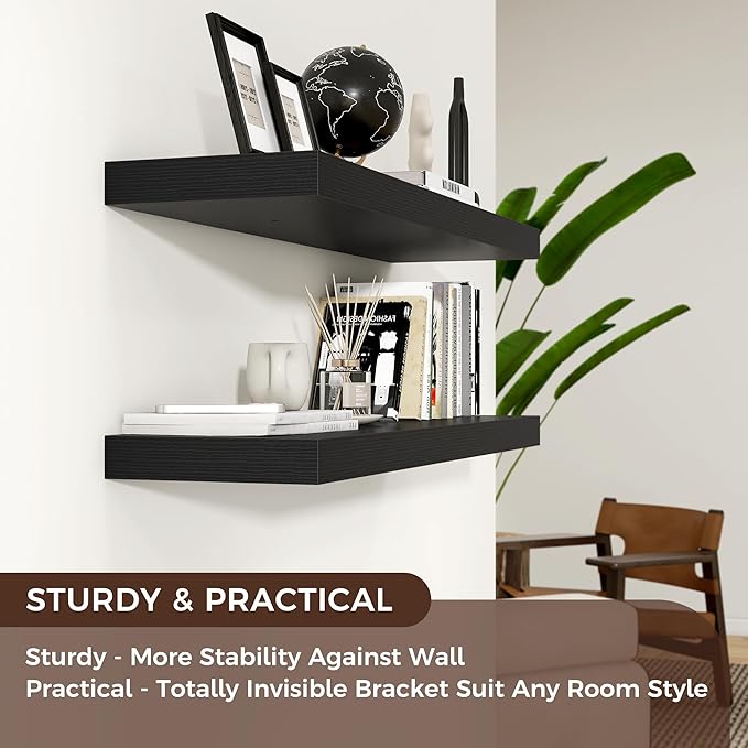 Venusmiles Floating Shelves for Wall, Engineered Wood Wall Shelves with Invisible Brackets for Living Room Bedroom Bathroom Office Kitchen Decor and Storage (Black, 36" W x 9" D x 1.5" H) Set of 2
