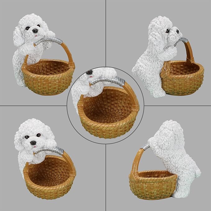 Dog Resin Storage Basket, Desktop Organizer for Remote & Keys, Cute Home Decor Tray, Ideal present for Pet Lovers.(White Poodle)