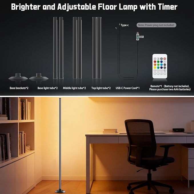 NBBUFF Led Corner Floor Lamp USB Powered with App & Remote Control, Color Changing Led Lamp Music Sync IC+RGBW, Timer, 64+ Music Modes, Standing Lamps for Living Room Lamp Bedroom Gaming Room, 2 Pack