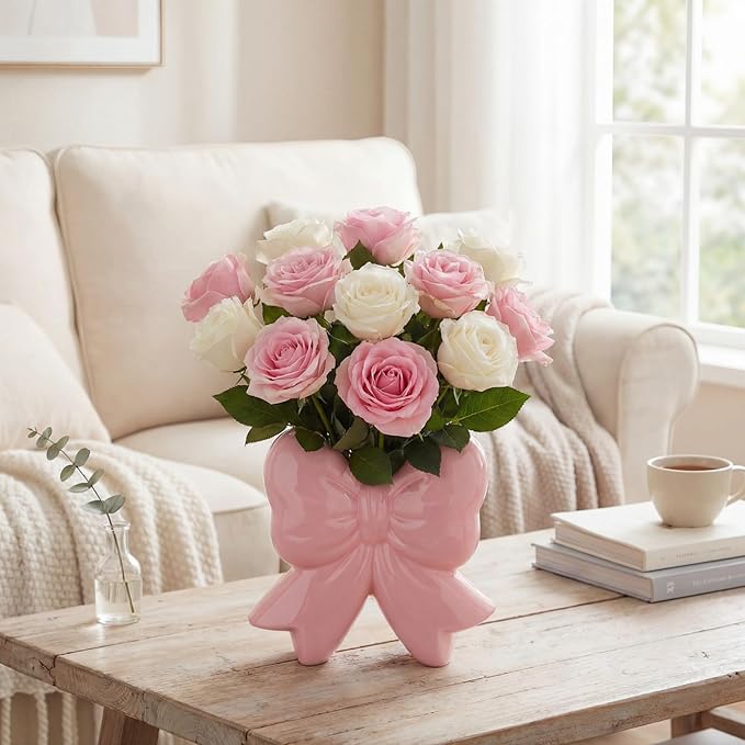 Jingmore Pink Bow Vase Coquette Ceramic Vase Pen Holder Makeup Brush Holder Contemporary Design Women Decorative Gift for Wedding Home Office Shelf Table Room(Small, Classic)