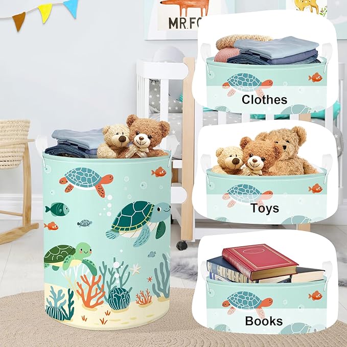 Sea Animals Laundry Hamper Ocean Fish Coral Large Storage Basket Parents Organizer Kids Clothes Toy Bins for Bedroom, Bathroom, Green Turtles, 63L