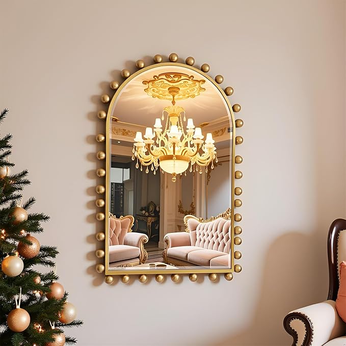 24x36 Inch Arched Wall Mirror with Antique Gold Ball Frame, Beveled Arched Decorative Wall Mirror, Vintage Gold Accent Mirror for Living Room, Entryway, Bedroom, Hallway & Over Console Decor