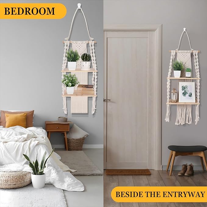 Barydat 2 Pack Macrame Wall Hanging Shelf 2 Tier Handmade Boho Hanging Wall Shelf Floating Woven Rope Decorative Storage Racks Holder Organizer for Home Bedroom Bathroom Plants, Beige (Classic)