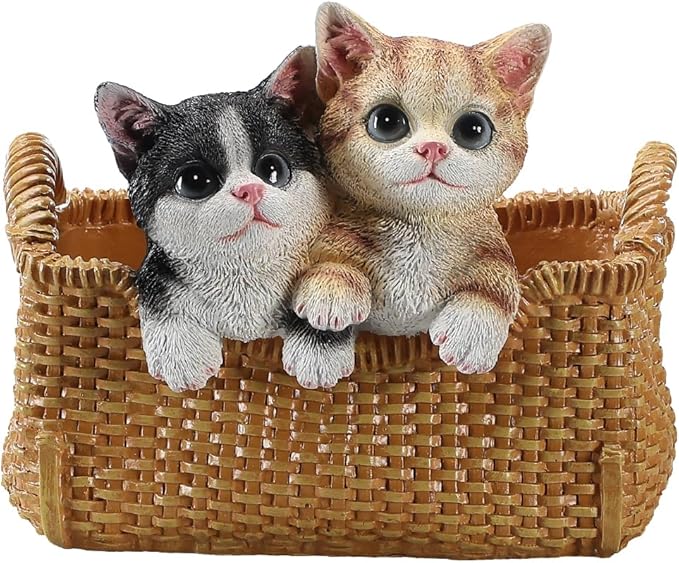 Cute Cat Statue Valet Tray - Decorative Kitten Catchall Basket Organizer - Entryway Key Holder Bowl & Aesthetic Animal Room Accents