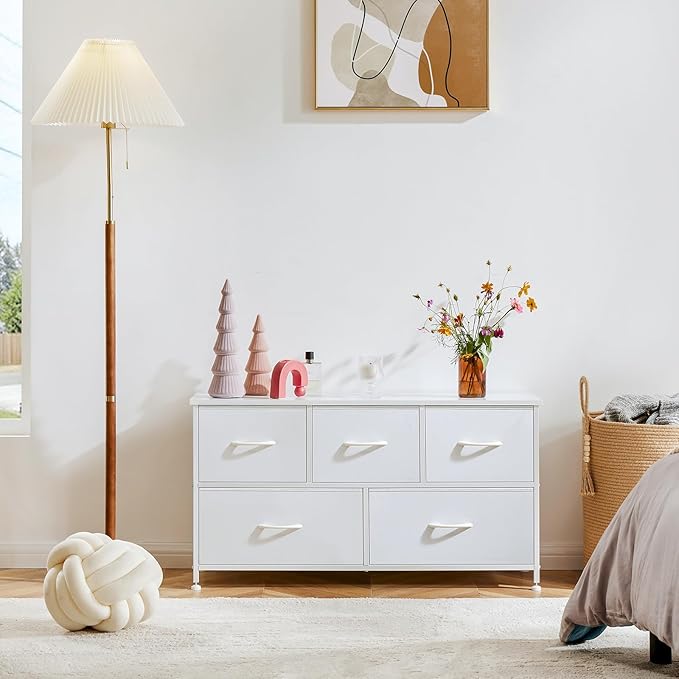 OLIXIS 5 Drawer Dresser for Bedroom, Fabric Storage Tower with Wooden Top and Metal Frame, Dresser Organizer for Living Room Closet Entryway,White