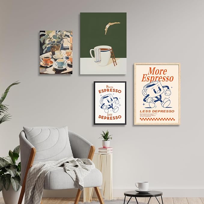 Cyebmo Framed Retro Coffee Wall Art, Coffee Cup Plant Wall Decor, Watercolor Cafe Canvas Painting, Minimalist Vintage Travel Food Poster Print for Home Office Cafe Bar Living Room 16x24 Inch