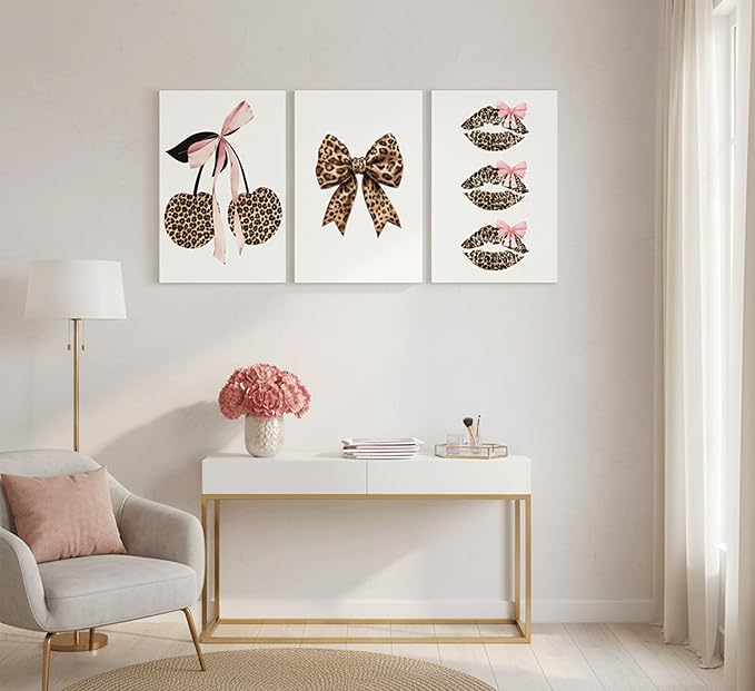 3Pcs Trendy Leopard Print Canvas Wall Art,Fashion Bow Cherry Lips Y2k Poster Pictures,Stylish Preppy Aesthetics Girls' Rooms Wall Decor for Bedroom Dorm Apartment.24x16in Framed