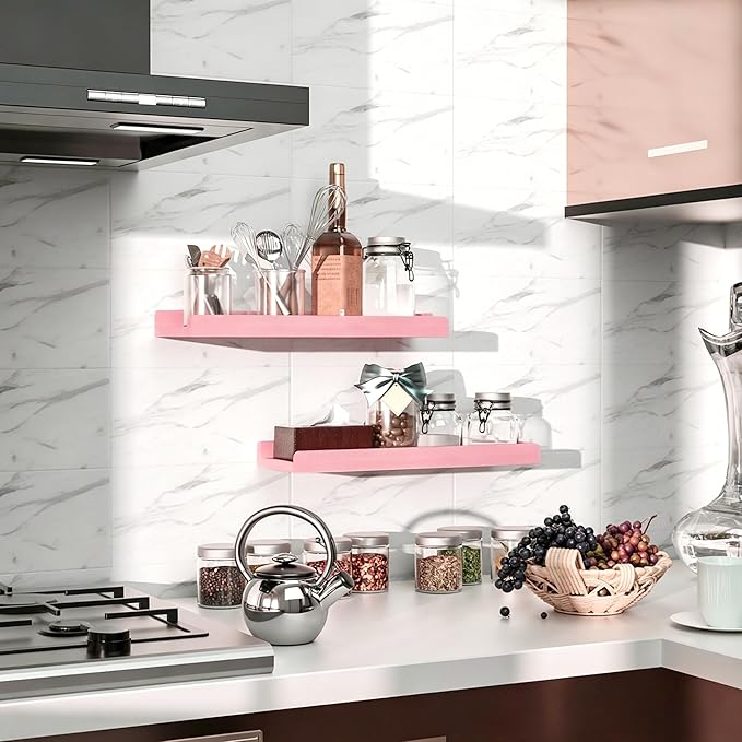 Love-KANKEI Floating Shelves Wall Mounted Set of 2, 17 Inch Rustic Wood Wall Shelves for Storage, Bedroom Living Room Bathroom Kitchen Office and More Pink