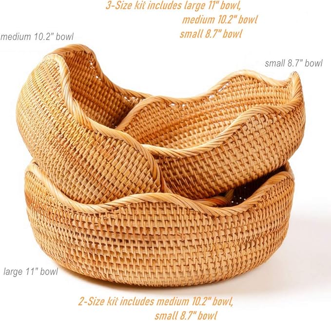 Handmade Rattan Round Fruit Basket Food Storage Bowls Kitchen Organizer Snack Serving Bowl 9 10 Inch Wavy Edge Circle Tray Basket with 3” Deep Wall, Boho Décor Display Tray Bowl (2-Size Kit)