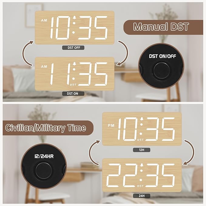 DreamSky Wooden Digital Alarm Clock for Bedroom - Desk Clocks for Living Room with Large Numbers, Dimmer, Loud Alarm for Heavy Sleepers with Volume Control, DST, Office Wood Decor (Plug in Clock)