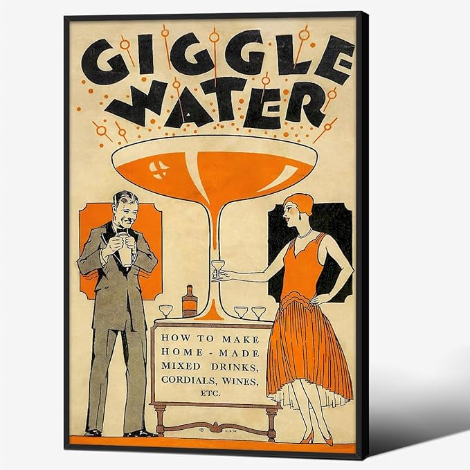 Funny Cocktail Wall Art Vintage Trendy Bar Cart Decor Martini Wine Alcohol Drink Wall Decor 24X36 inch Black Framed Giggle Water Canvas Prints for Home Bar Kitchen