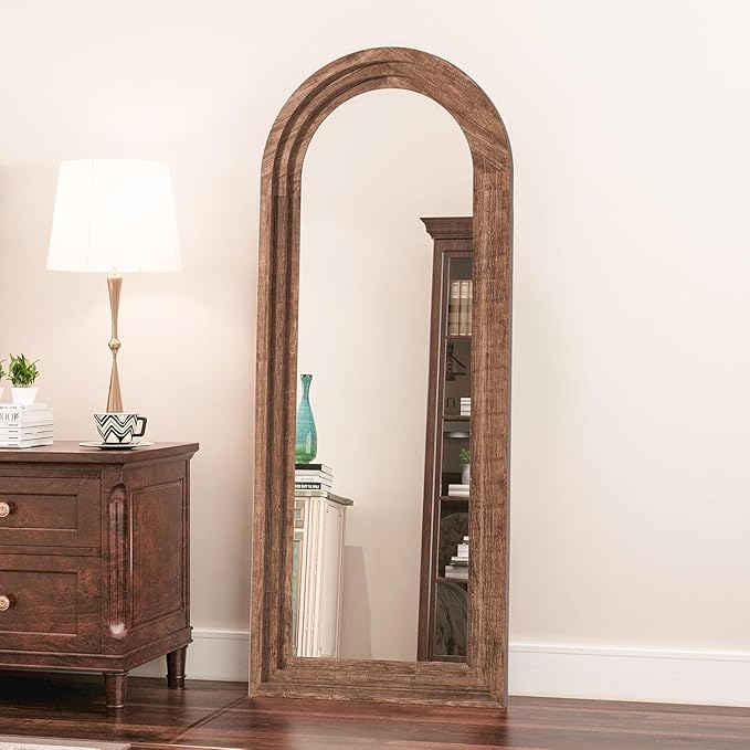 CASSILANDO Arched Full Length Mirror with Solid Wood Frame 65x24 Inch Wall Mounted Floor Mirror, Vertical Hanging Leaning Standing Mirror for Living Room, Bedroom, Entryway, Brown