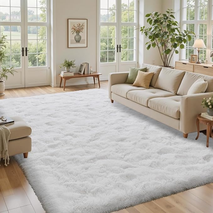 8x10 ft Fluffy White Rugs for Living Room Soft Fuzzy Bedroom Area Rug Non-Slip Shaggy Carpet for Nursery Kids PlayRoom Dorm Office Indoor Modern Plush Carpet Teens