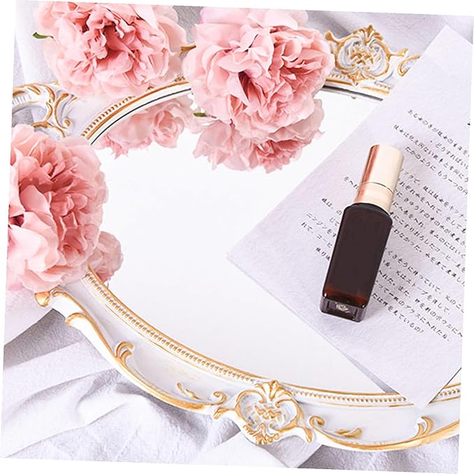 BESPORTBLE Oval Vintage Decorative Mirror Tray with Handles French Style Makeup Organizer and Jewelry Dresser Serving Tray Elegant Ellipse Shape for Vanity Display and Dessert Presentation