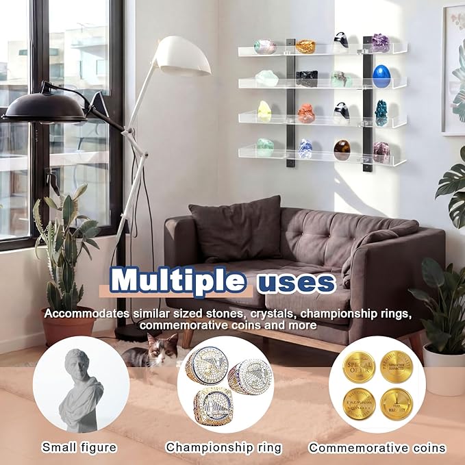 Novabright 4 Layer Rock Display Shelves Clear Acrylic Floating Shelves Wall Organizer for Stone Collection 15" Rock Display Stand for Stone Minerals Gemstones Crafts Figure Perfume for Living Room