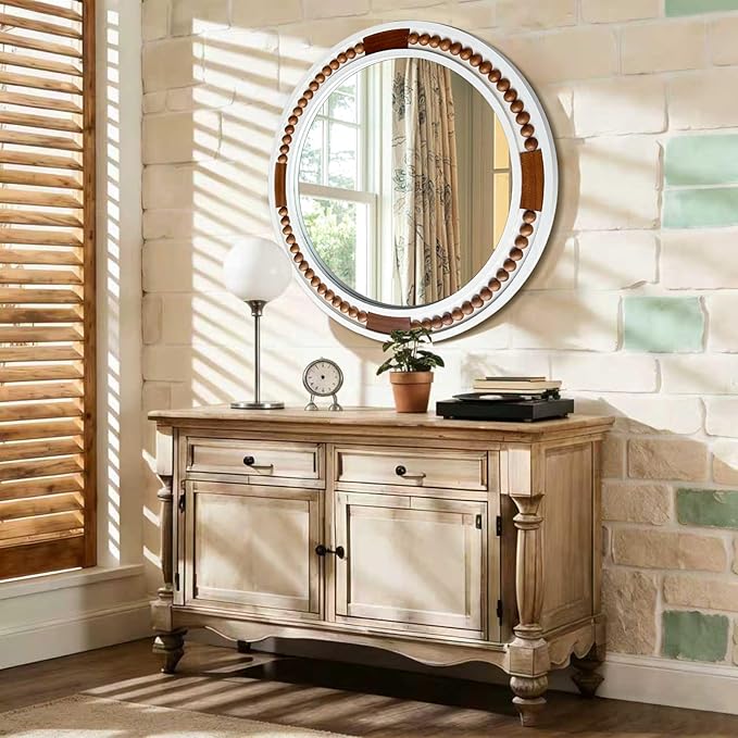 HQiJun 32 Inch Round Boho Wall Mirror, Large Rustic Coastal Wall Decor with White Wood Frame and Brown Bead Accents,Farmhouse Decorative Mirror for Entryway, Bedroom, Living Room