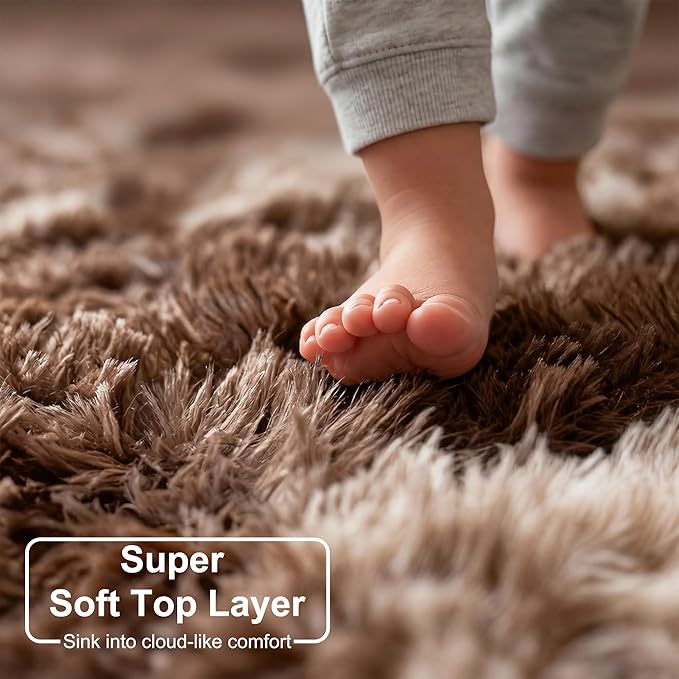 Amdrebio Tie-Dyed Brown Rugs for Bedroom Living Room, 8x10 Large Fluffy Shaggy Plush Area Rugs for Kids Room Decor Aesthetic, Modern Cool Fuzzy Furry Carpet for Classroom Playroom Preppy Dorm Nursery