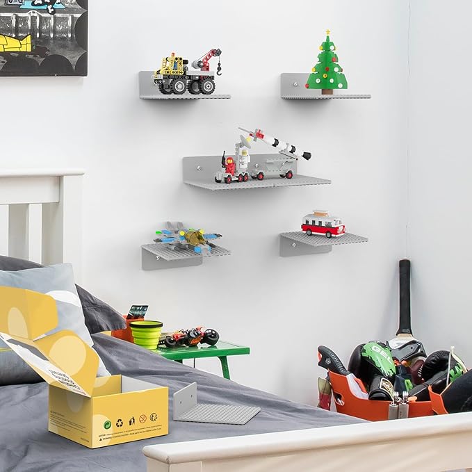 BlissBox 6-Pack Floating Display Shelves for Wall Compatible with Lego Building Bricks, 5 × 5.5 Inch Dual-Sided 16 × 17 Studs for Brick Storage and Display, ABS Display Shelf for Room Decor, Gray