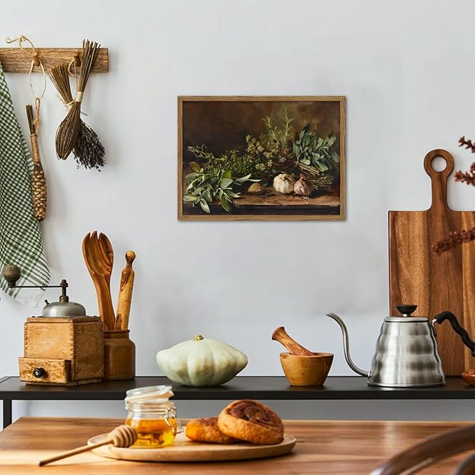 Framed Vintage Kitchen Wall Art, Rustic Garlic and Herbs Pictures Wall Decor Paintings, Farmhouse Cottagecore Canvas Prints Artwork for Home Dining Room Living Room 12x16 inch