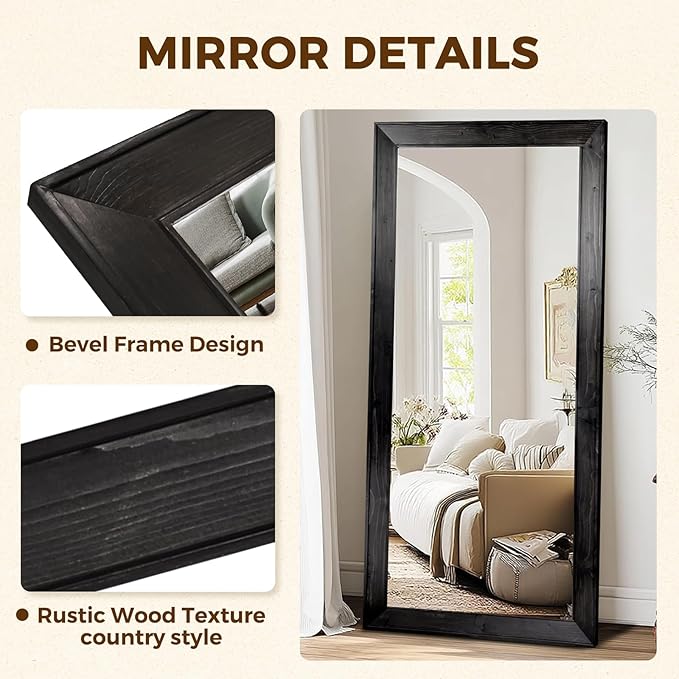 Oversized Black Full Length Mirror 71"x32" - Beveled Solid Wood Frame Wall Mounted or Leaning - Modern Minimalist Dressing Mirror