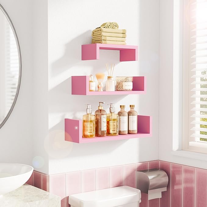 SRIWATANA Floating Shelves Wall Mounted, Solid Wood Wall Shelves, Pink