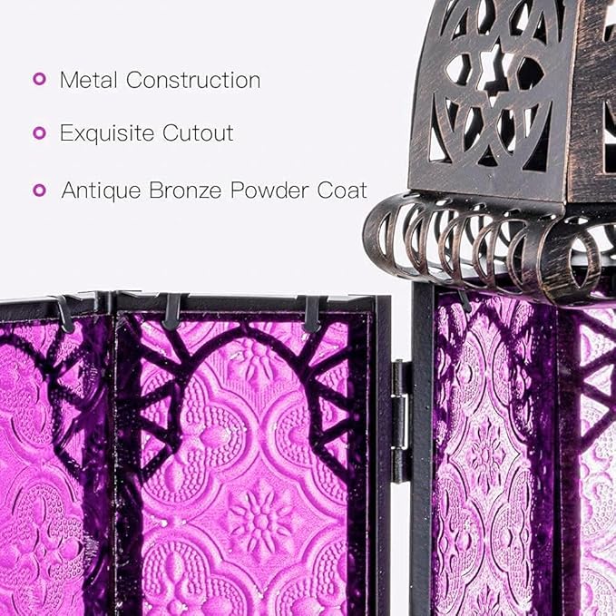 DECORKEY Halloween Lanterns Decorations Indoor & Outdoor, 11’’ Medium Size Vintage Metal Hanging&Tabletop Candle Holder Decor, Christmas Ramadan Decorations for Home Porch Patio (Purple)