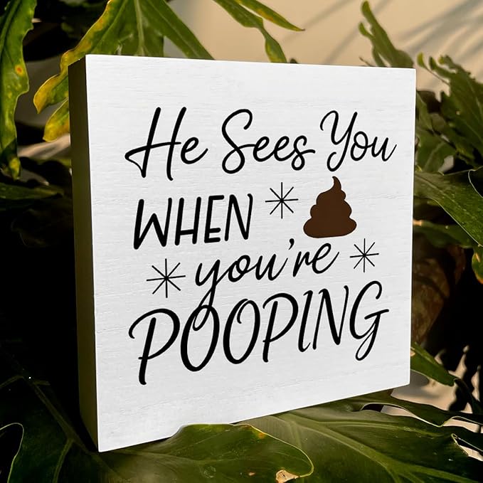 Funny Rustic Bathroom Wooden Box Sign 5x5 Inch - "He Sees You When You're Pooping" Humorous Restroom Quote Decor, Farmhouse Style Shelf Desk Table Decoration for Home Bathroom