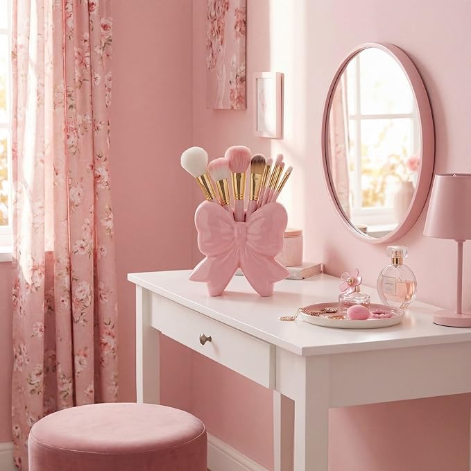 Jingmore Pink Bow Vase Coquette Ceramic Vase Pen Holder Makeup Brush Holder Contemporary Design Women Decorative Gift for Wedding Home Office Shelf Table Room(Small, Classic)