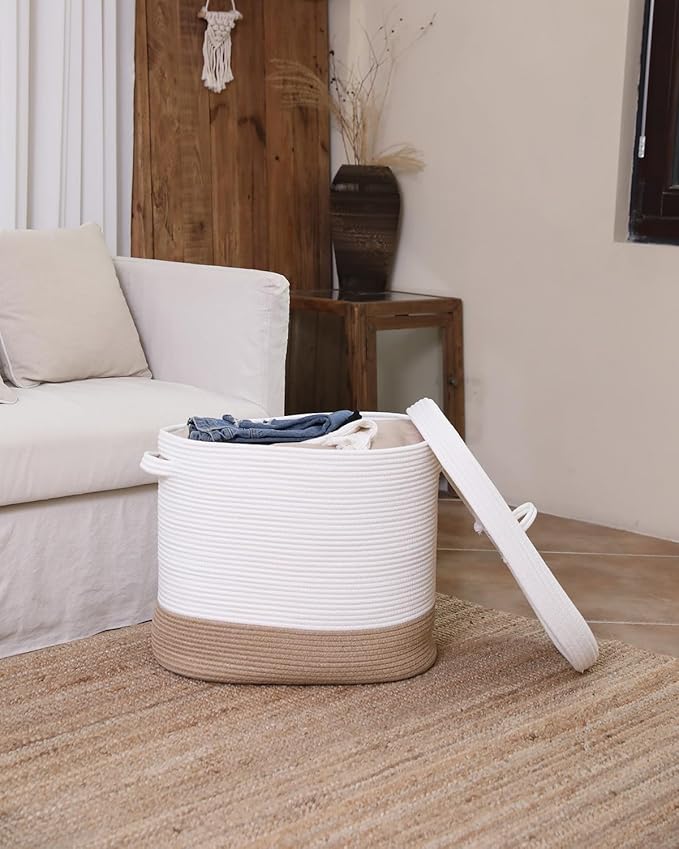 22"x14"x18" Rectangular Extra Large Storage Basket With Lid, Large Cotton Rope Storage Basket, Woven Laundry Hamper, Cloth Storage Bin, for Clothes Towels Blankets in Living Room, White/Jute Bottom