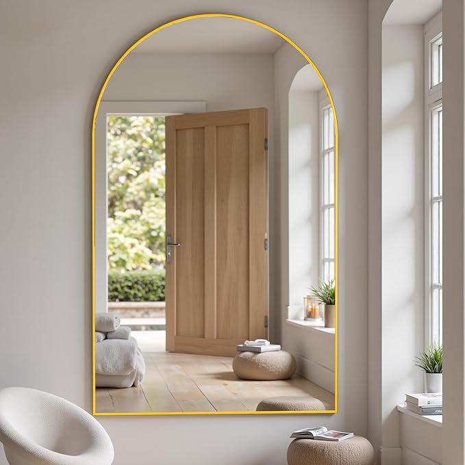 Suidia 82"x44" Arched Full Length Mirror with Stand, Full Body Mirror with Aluminum Frame, Freestanding/Leaning/Wall-Mounted, Floor Mirrors for Bedroom, Living Room, Entryway, Dressing Room, Gold